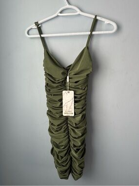 NWT Oh Polly Olive Green Ruched Bodycon Mini Dress Dual Layer Mesh Size 0